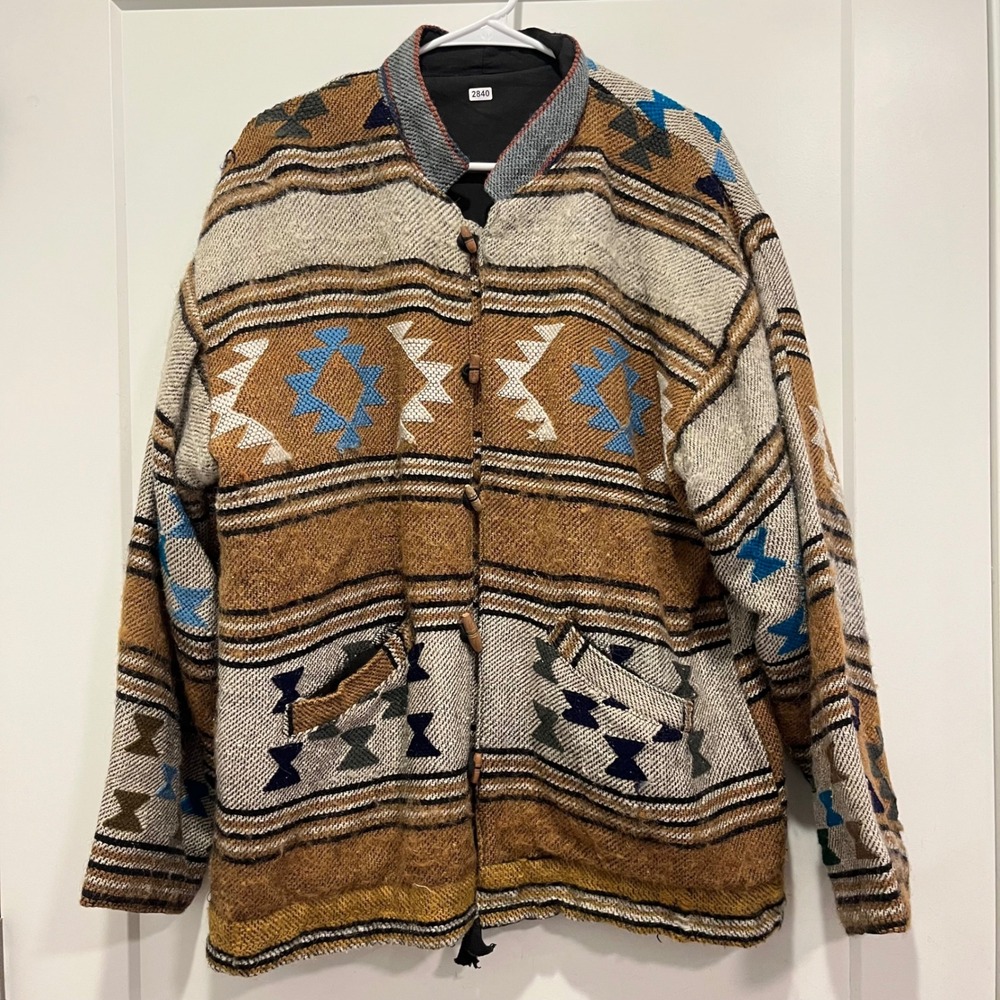 Vintage‎ Southwestern 100% Wool Woven Tapestry Jacket Brown Geometric Toggle